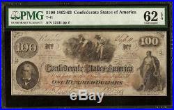 Unc 1862 $100 Dollar Bill Confederate States Note CIVIL War Money T41 Pmg 62 Epq