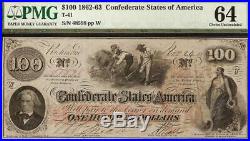 Unc 1862 $100 Dollar Confederate States Currency CIVIL War Note Money T41 Pmg 64