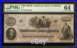 Unc 1862 $100 Dollar Confederate States Currency CIVIL War Note Money T41 Pmg 64