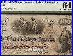 Unc 1862 $100 Dollar Confederate States Currency CIVIL War Note Money T41 Pmg 64