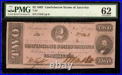 Unc 1862 $2 Dollar Confederate States Currency CIVIL War Note Money T-54 Pmg 62