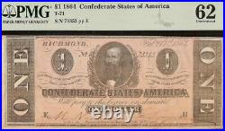 Unc 1864 $1 Confederate States Currency CIVIL War Note Paper Money T-71 Pmg 62
