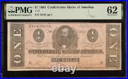 Unc 1864 $1 Confederate States Currency CIVIL War Note Paper Money T-71 Pmg 62