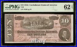 Unc 1864 $10 Dollar Confederate States Currency CIVIL War Note Money Pmg 62 Epq