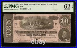 Unc 1864 $10 Dollar Confederate States Currency CIVIL War Note Money Pmg 62 Epq