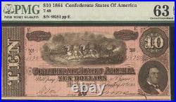 Unc 1864 $10 Dollar Confederate States Currency CIVIL War Note Money Pmg 63 Epq