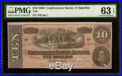 Unc 1864 $10 Dollar Confederate States Currency CIVIL War Note Money Pmg 63 Epq