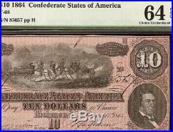 Unc 1864 $10 Dollar Confederate States Currency CIVIL War Note Money Pmg 64 Epq