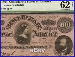 Unc 1864 $100 Dollar Confederate Note Havana CIVIL War Era Counterfeit Ct-65 Pmg
