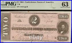 Unc 1864 $2 Two Dollar Confederate States Currcency CIVIL War Note T-70 Pmg 63