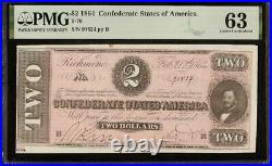 Unc 1864 $2 Two Dollar Confederate States Currcency CIVIL War Note T-70 Pmg 63