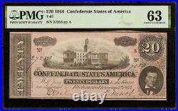 Unc 1864 $20 Dollar Confederate States Currency CIVIL War Note Money T-67 Pmg 63