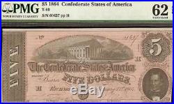 Unc 1864 $5 Dollar Bill Confederate States Currency CIVIL War Note T-69 Pmg 62