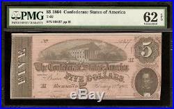 Unc 1864 $5 Dollar Bill Confederate States Currency CIVIL War Note T-69 Pmg 62