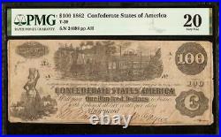 Undated $100 Confederate States Currency CIVIL War Note Money T-39 Pmg Error
