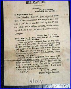 Unique JEFFERSON DAVIS CAPTURED Confederate President 1865 Miniature BROADSIDE