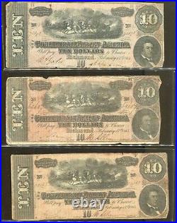 Vintage CIVIL War Paper Money1864 Confederate Currency $10 14 Note Lot