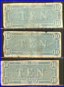 Vintage CIVIL War Paper Money1864 Confederate Currency $10 14 Note Lot