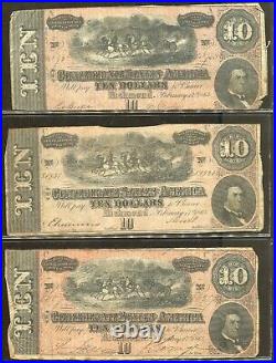 Vintage CIVIL War Paper Money1864 Confederate Currency $10 14 Note Lot
