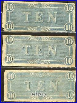 Vintage CIVIL War Paper Money1864 Confederate Currency $10 14 Note Lot