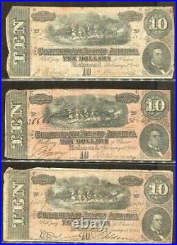 Vintage CIVIL War Paper Money1864 Confederate Currency $10 14 Note Lot