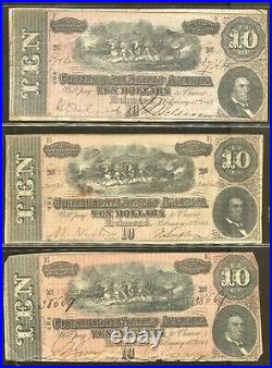 Vintage CIVIL War Paper Money1864 Confederate Currency $10 14 Note Lot