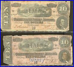 Vintage CIVIL War Paper Money1864 Confederate Currency $10 14 Note Lot