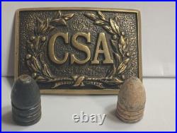 Vintage Civil War Confederate CSA Belt Buckle And 2 Civil War Bullets, Very Rare