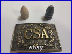 Vintage Civil War Confederate CSA Belt Buckle And 2 Civil War Bullets, Very Rare