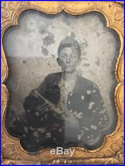 Young CONFEDERATE SOLDIER CIVIL WAR TINTYPE Holding Musket Pistol. As Is