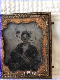 Young CONFEDERATE SOLDIER CIVIL WAR TINTYPE Holding Musket Pistol. As Is